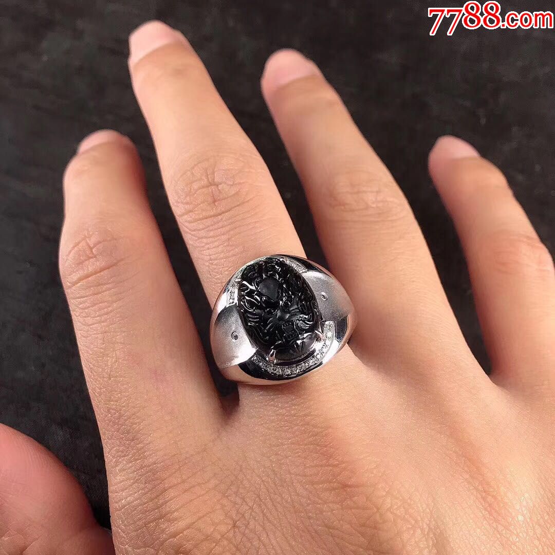 缅甸翡翠墨翠龙头大男戒种好色正黑度好