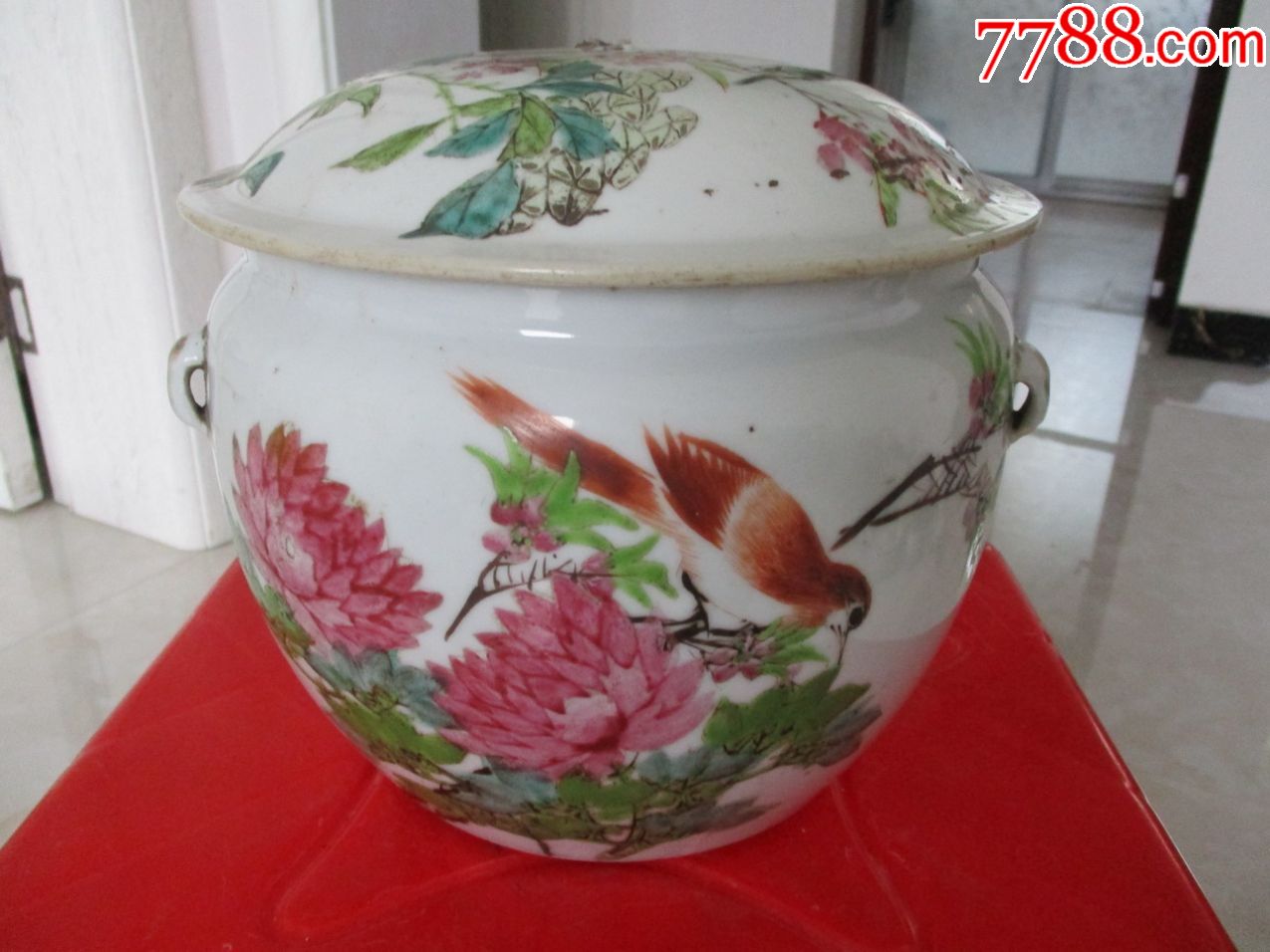 晚清名家少山作品花鸟粥罐