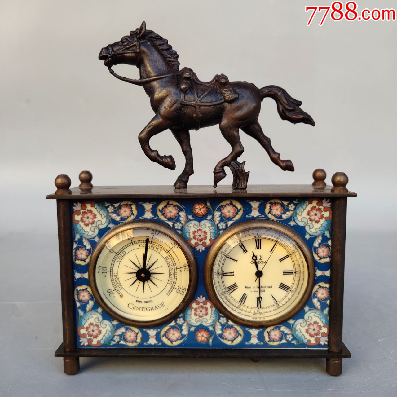 旧藏回流欧美风情omega纯铜双盘马机械表摆件钟表