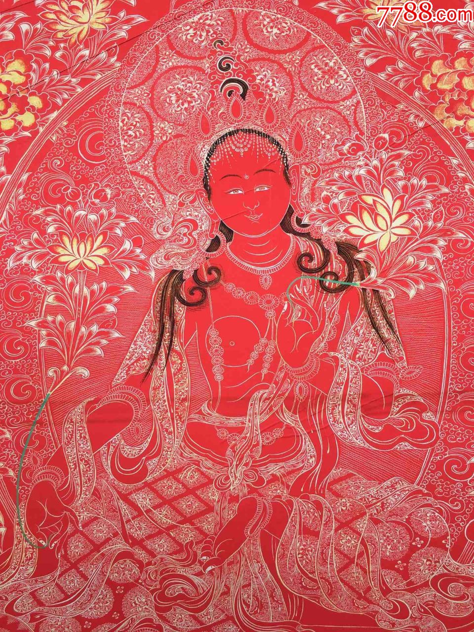 西藏唐卡白度母红色画芯旧唐卡,未装裱,此唐卡早期丝绢纸印刷