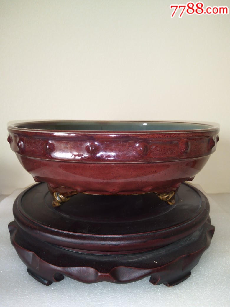 宋钧窑海棠红"一号"鼓钉笔洗