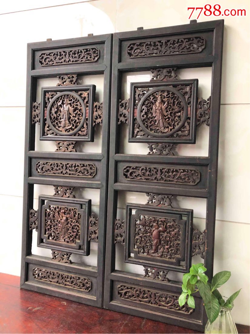 【清代】精品古玩木雕人物挂屏一对