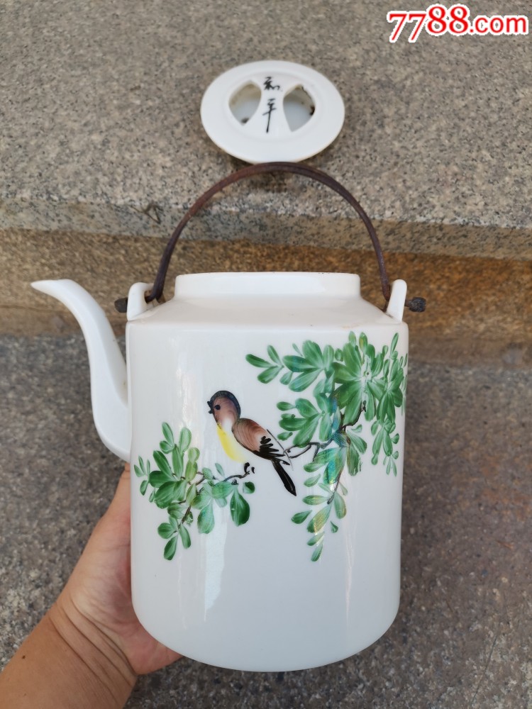 50年代手绘柳荫花鸟提梁壶一把