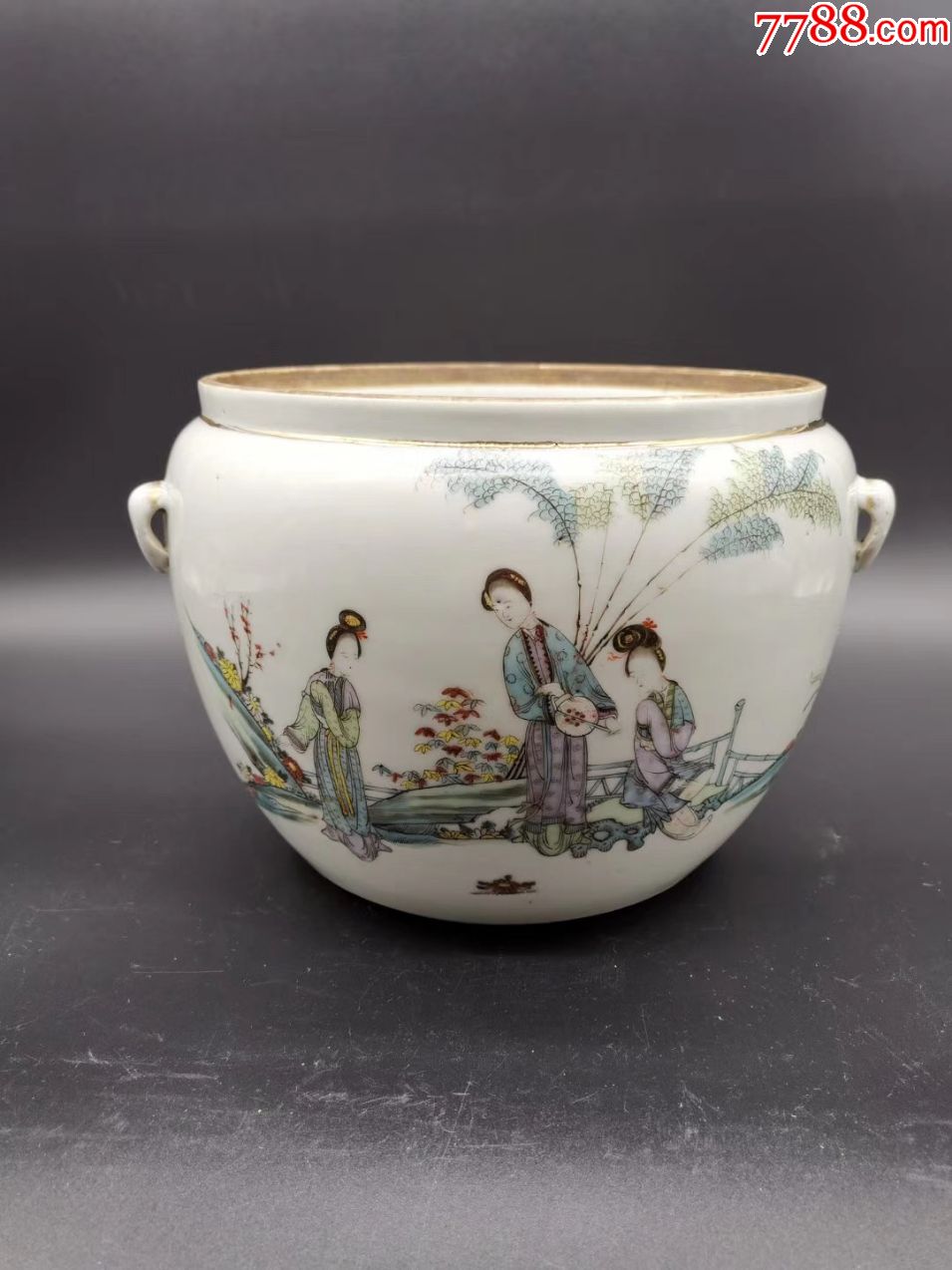 民国名家钟铭山作桃花美女粥罐