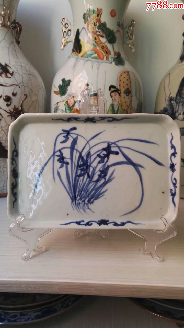 晚清青花兰花四方盘