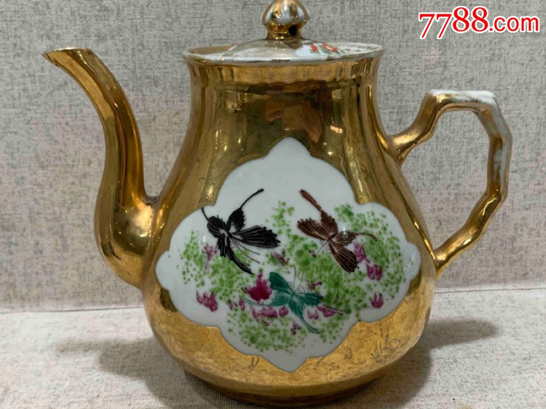 民国时期一金彩开窗蝴蝶茶壶