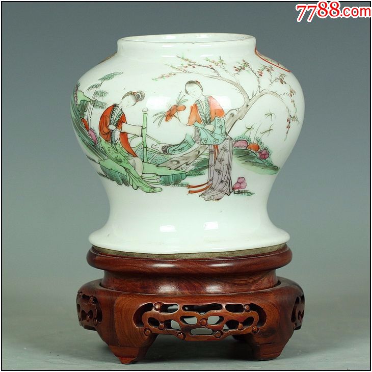 全品相民国小名家黄义成的美女赏春图粉彩诗文将军罐-彩绘瓷/彩瓷