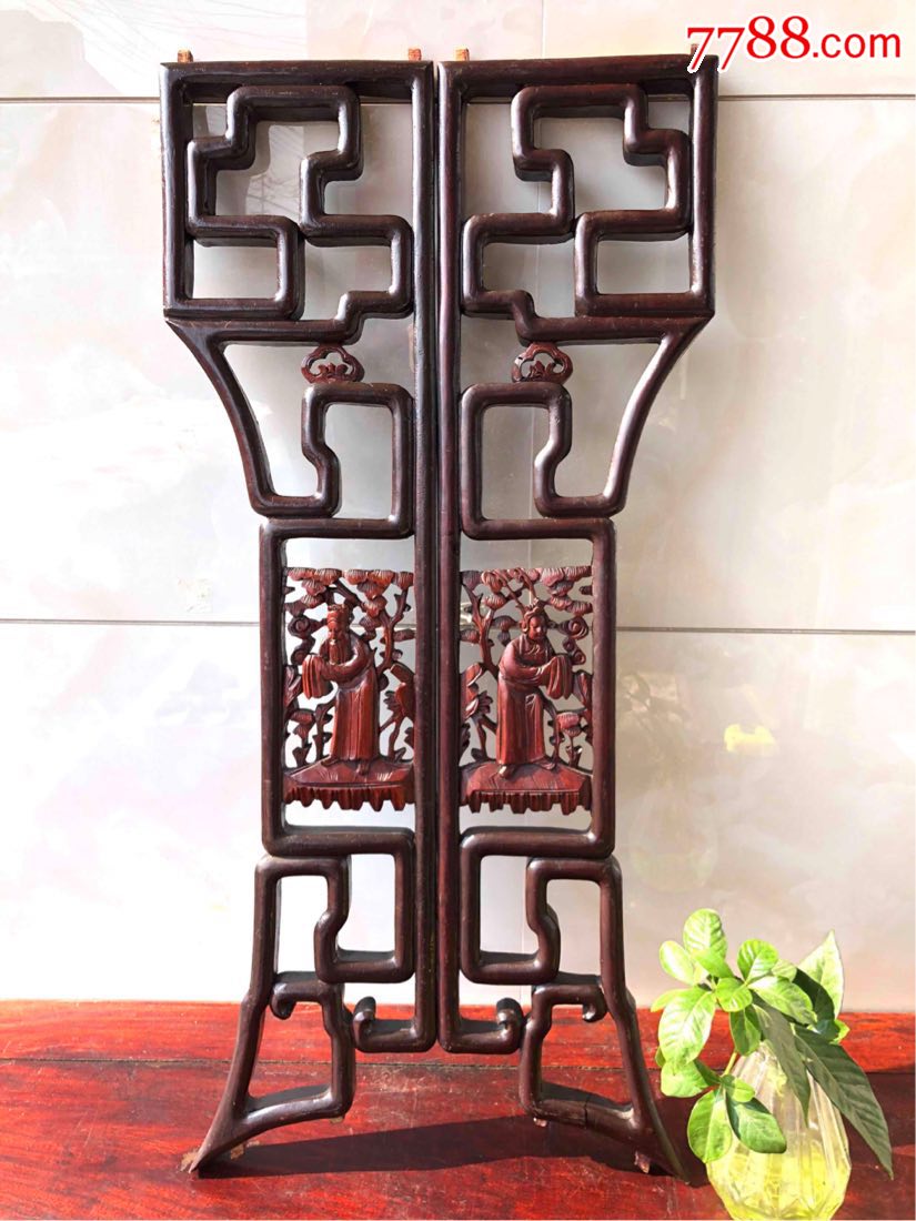 【民国】老木雕人物花腰子一对-价格:350.0000元-se70072518-木雕花板