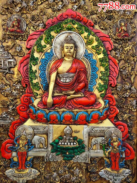 旧藏木框彩绘唐卡佛像大背光释迦如来佛
