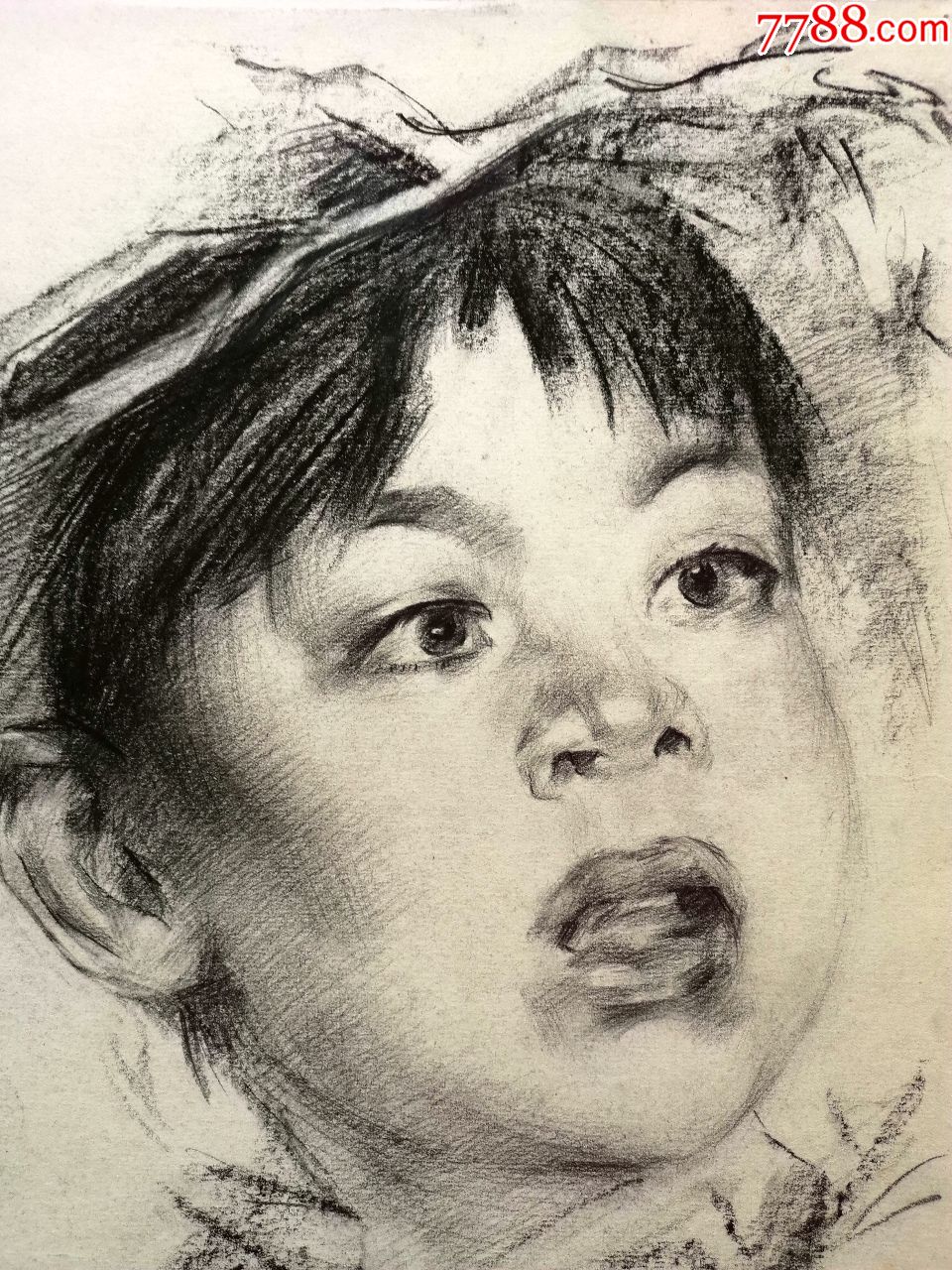 80年代落款nf的木炭条人像素描画稿原作《小孩肖像》