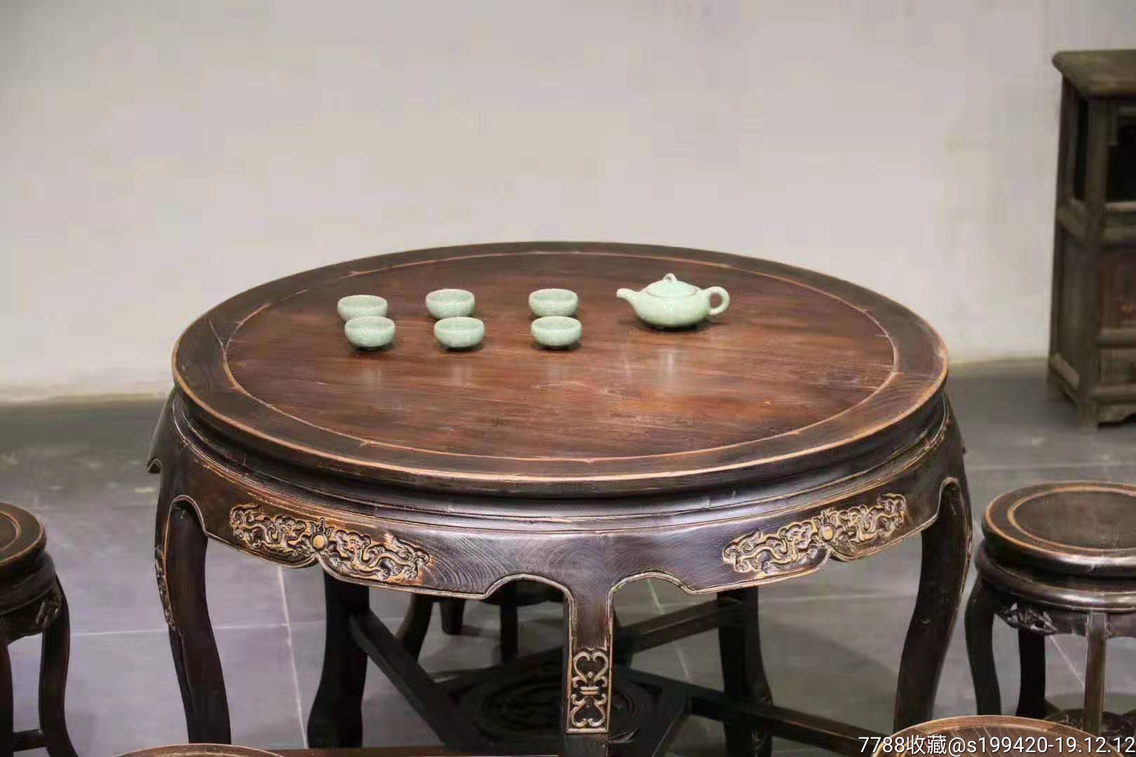 圆桌六件套,榆木,尺寸桌面直经100高80,最宽直径108.