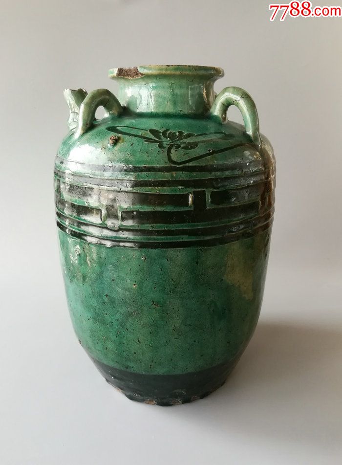 民国古陶器老陶罐绿釉回字纹四耳酒坛民俗收藏品别墅茶社摆件_价格