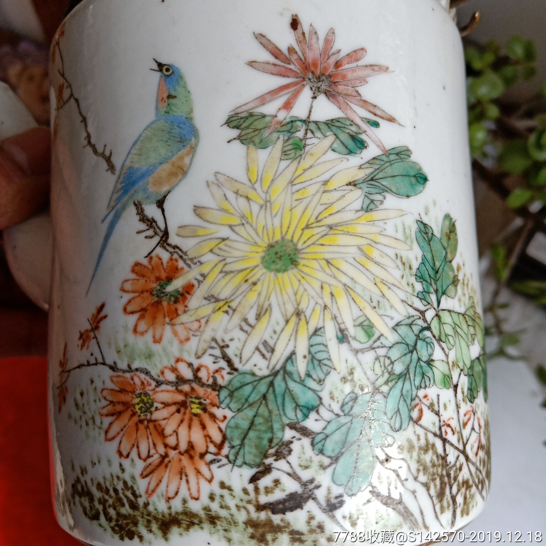 民国名家作品粉彩花鸟提梁壶口磕余全品如图保老保真