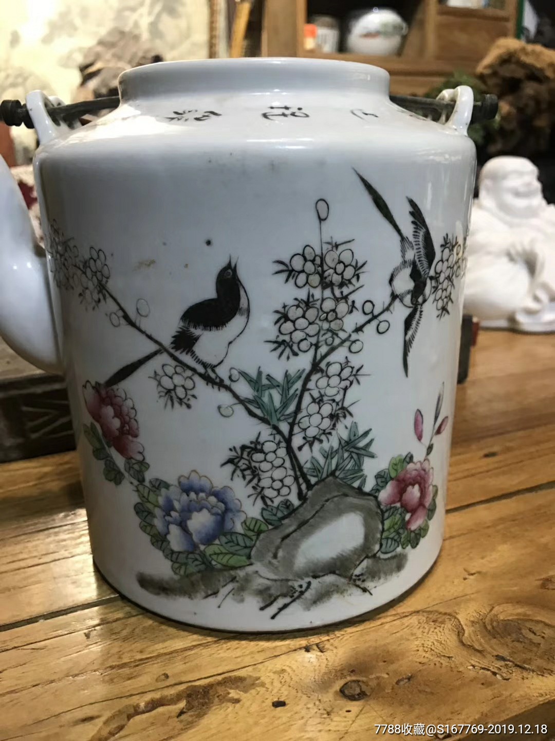 民国时期金竹轩名家花鸟提梁壶