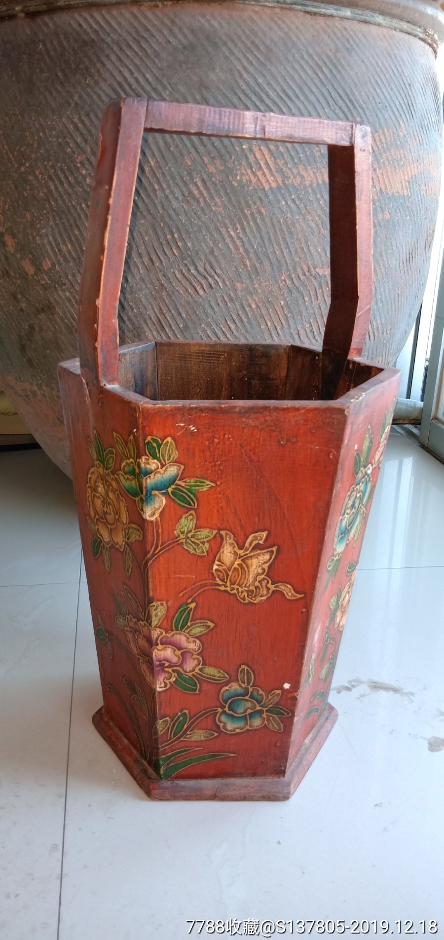 民国六棱提梁木桶六棱提梁桶木桶插香桶