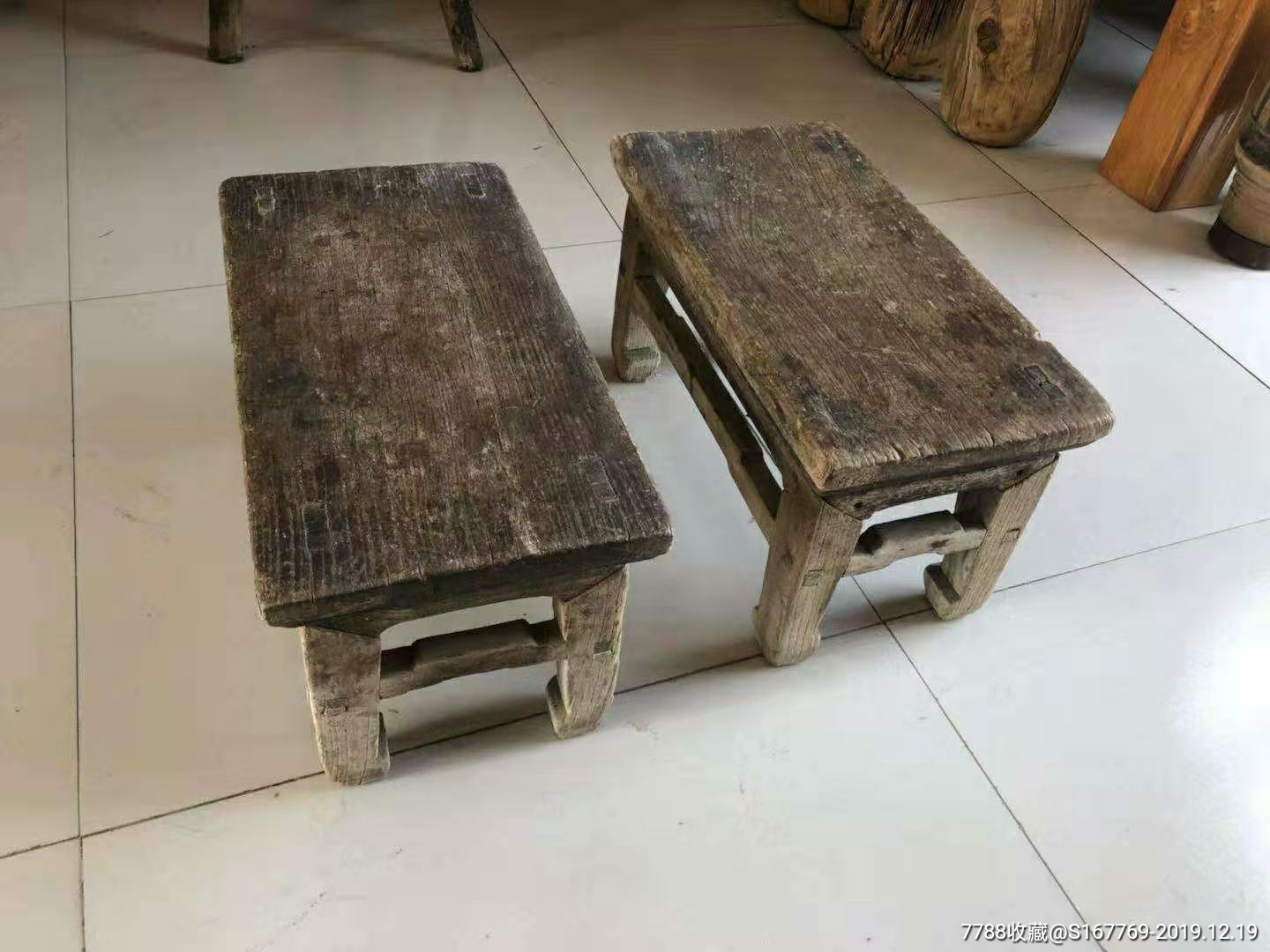 清代,老榆木独板马蹄凳一对
