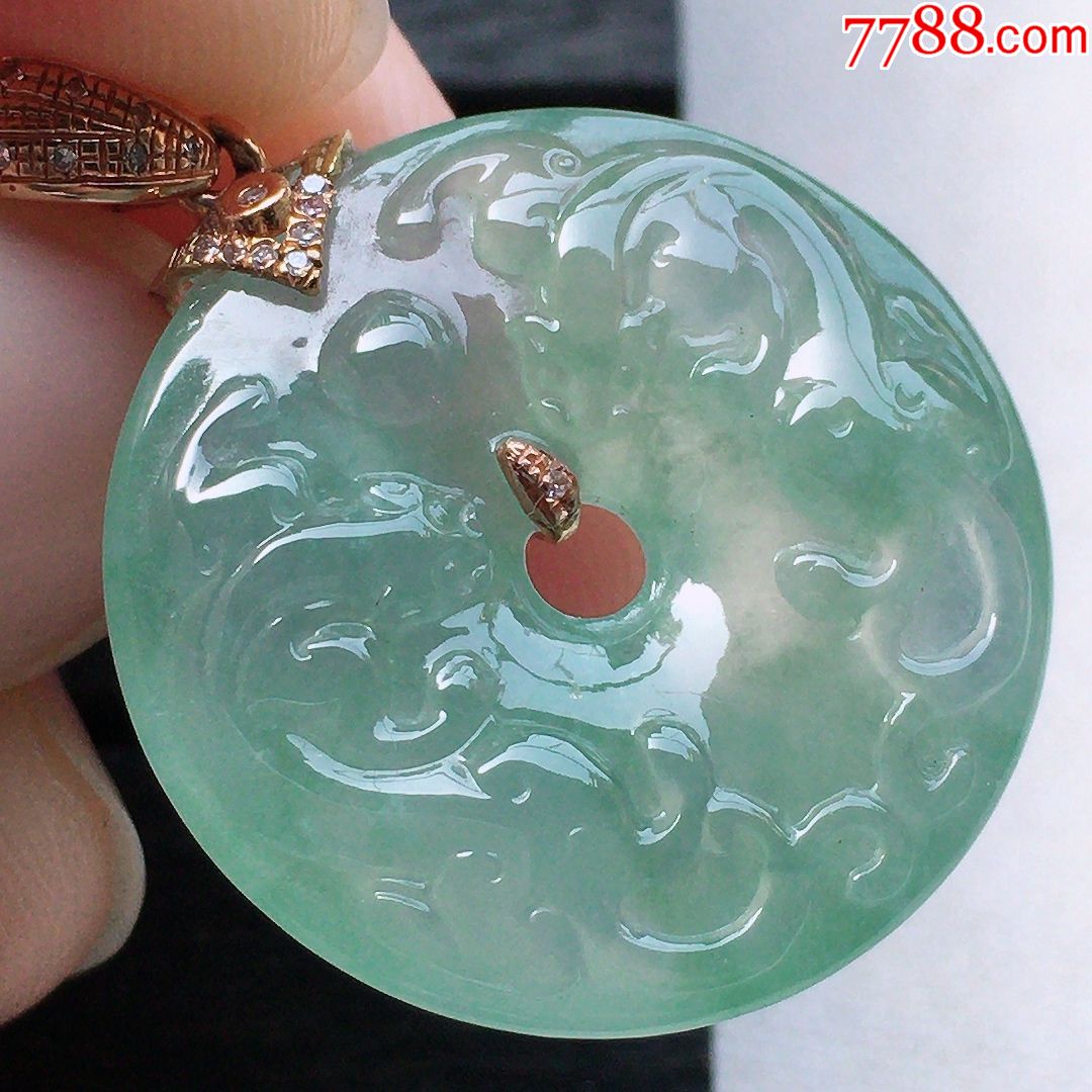 天然翡翠a货冰种浅绿双龙戏珠平安扣18k金伴钻水润起光吊坠精雕玉挂件