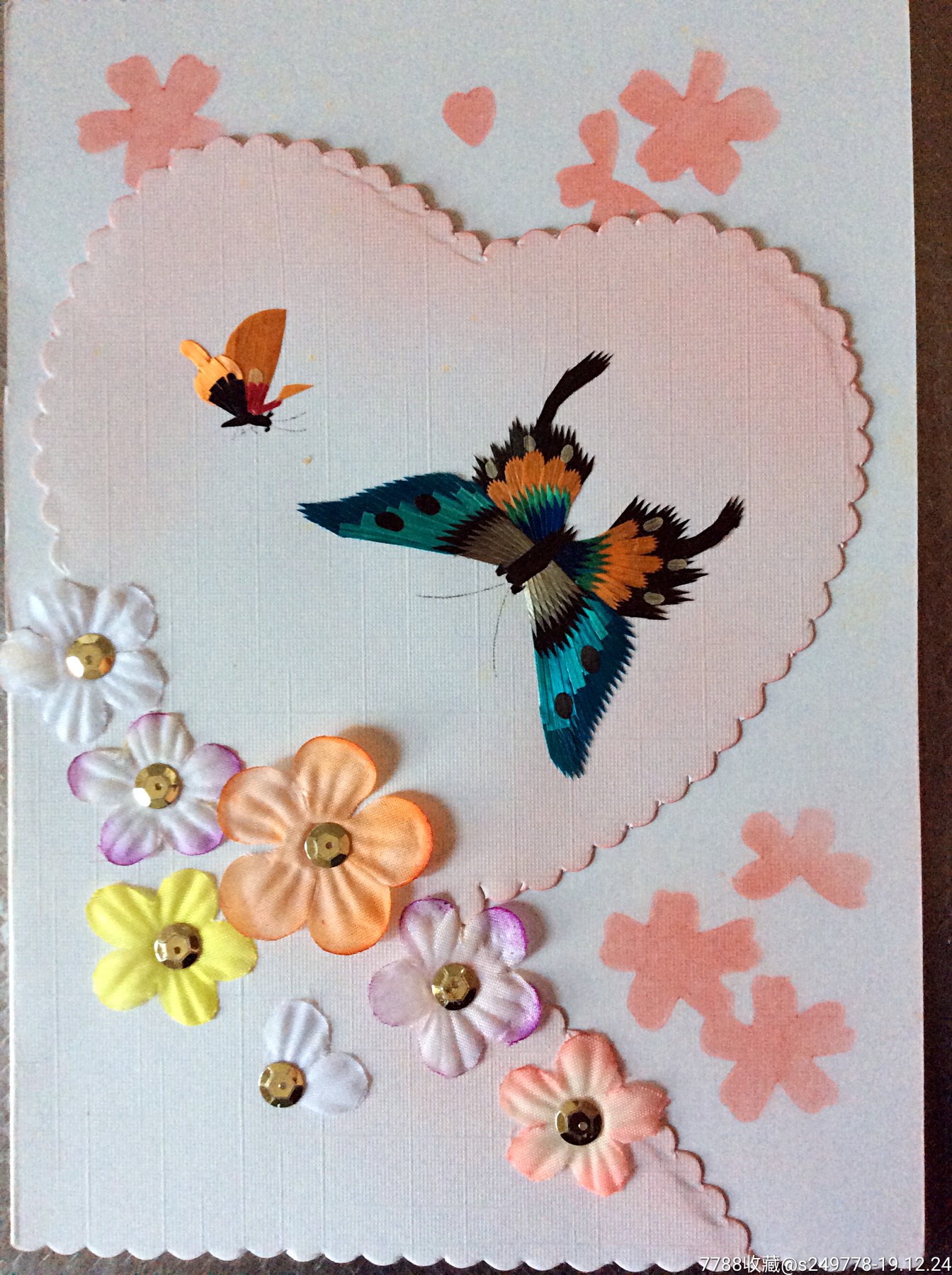 潮州麦秆心形绢花蝴蝶(蓝)老贺卡