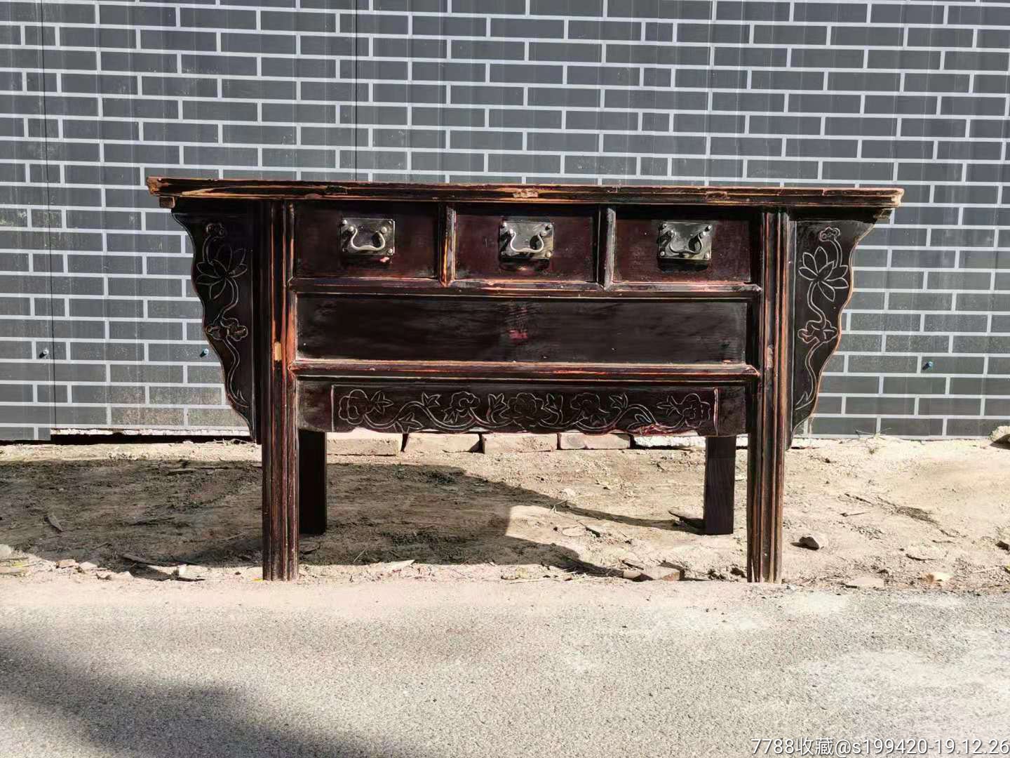 165-50-82清代全品老榆木三抽供桌,保存完整～品相一流～铜件完全.