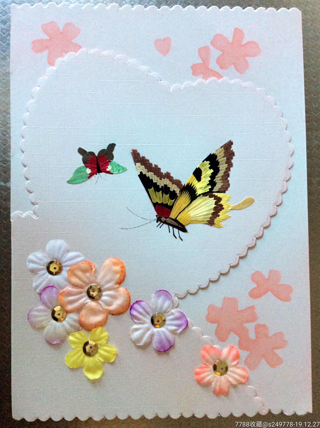 潮州麦秆心形绢花蝴蝶黄老贺卡