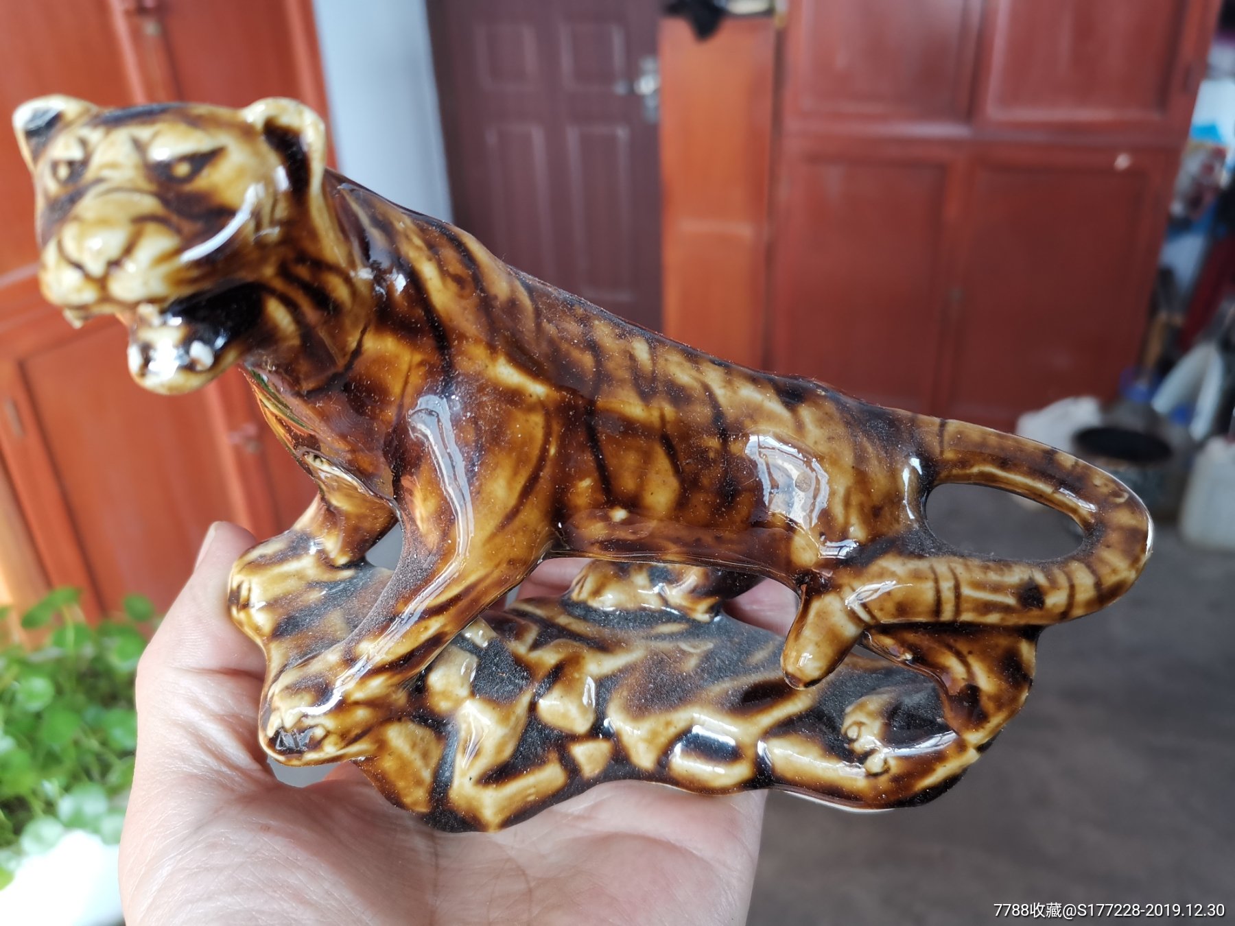 文革567老瓷器老虎猎豹摆件,老货保真-酱釉瓷/紫金釉-7788瓷器