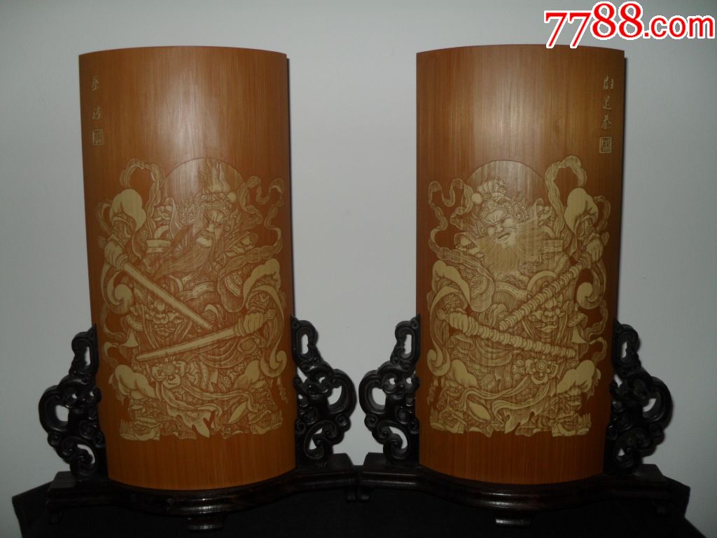 年前请门神收藏重器浙江竹刻名家戚天良作品门神秦琼尉迟恭留青臂搁一