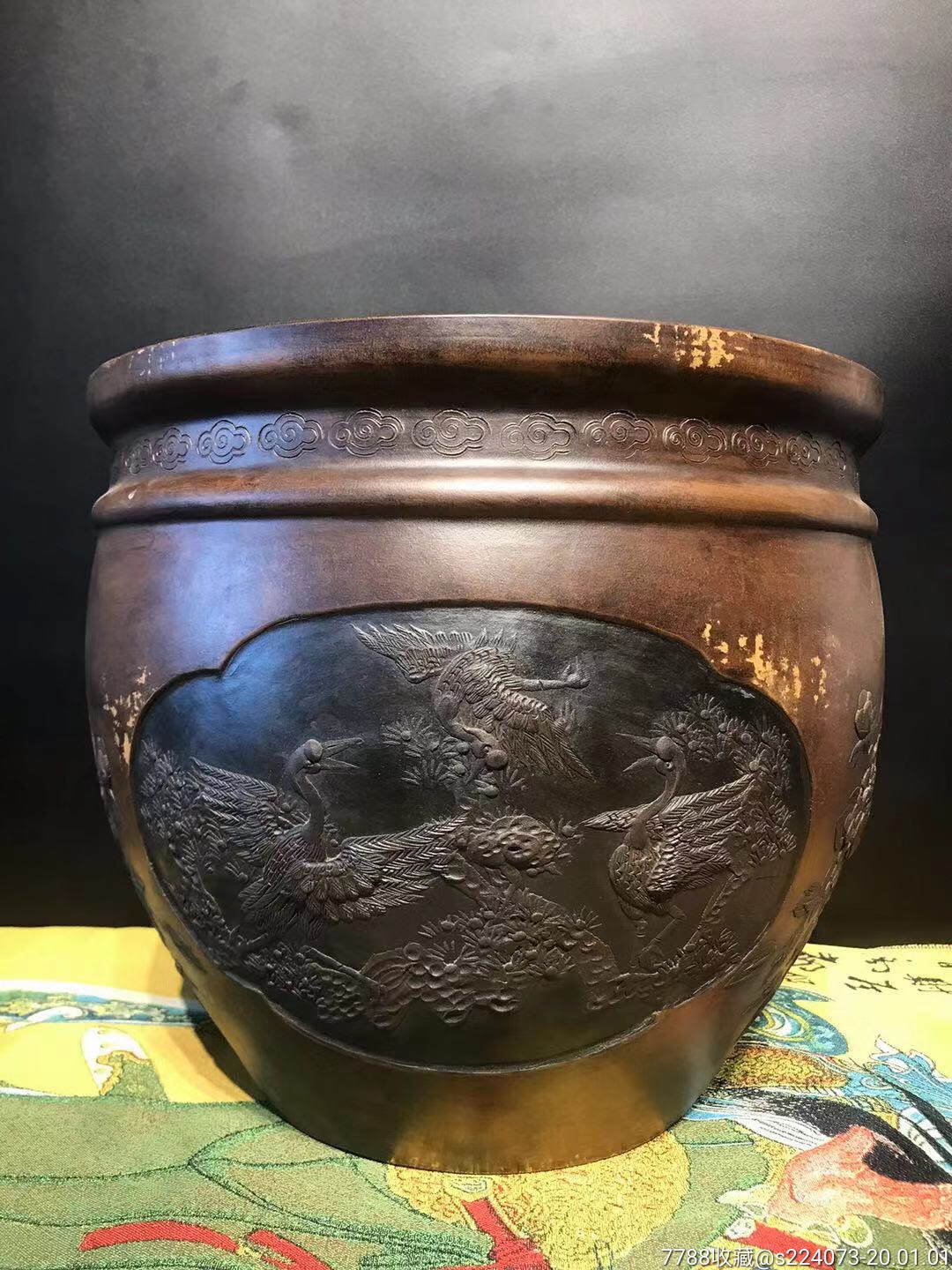 紫砂卷缸,皮克一流,雕刻精美丹鹤,寓意深远_价格2600.