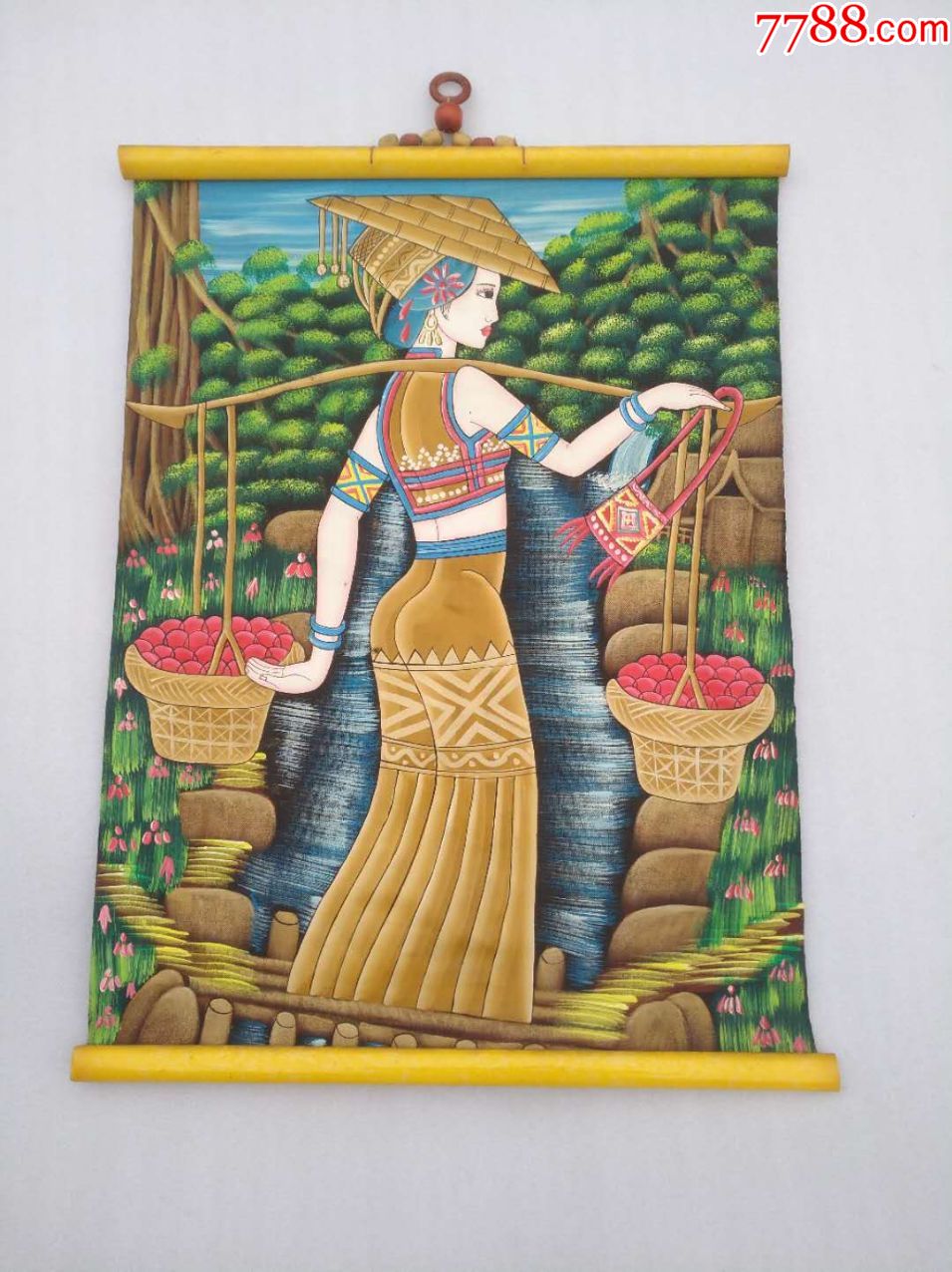 一副云南少数民族布艺画蜡染工艺画(或蜡染羊皮画)包邮