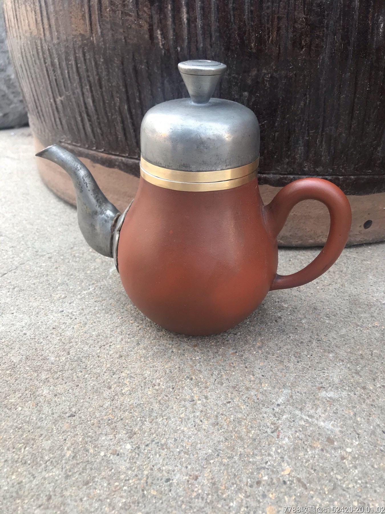民国点铜包锡梨形老紫砂壶,老执壶