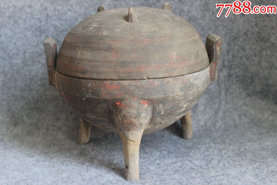 战国汉代时期彩绘三足陶鼎双耳带盖完整保真老陶器zz2190