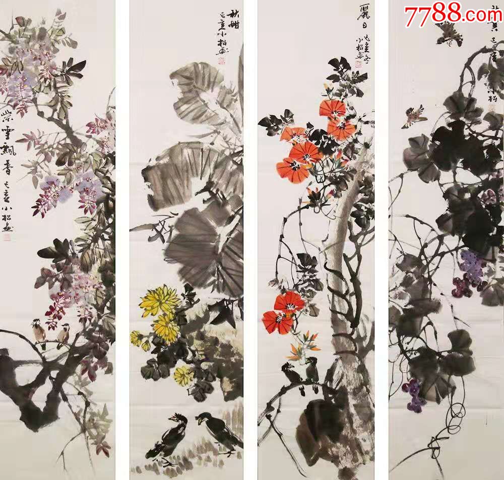广西美协会员蒋小松手绘真迹!花鸟四条屏-花鸟国画原作-7788字画网