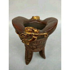 旧藏老牛角雕刻描金螭龙三角杯摆件(se70526841)_7788收藏__收藏热线