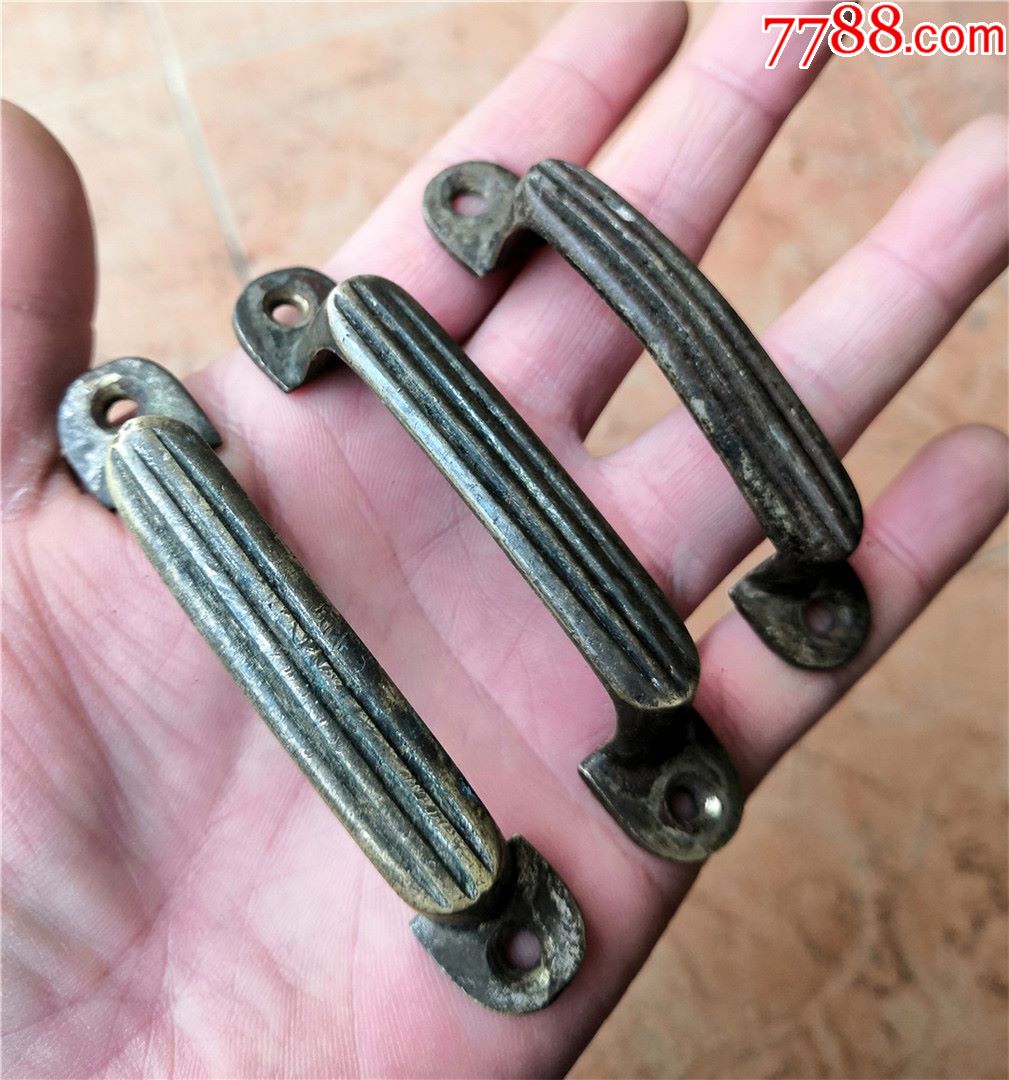 怀旧收藏200101民国洋房拆下小号条纹全铜抽屉把手三件套87g84cm