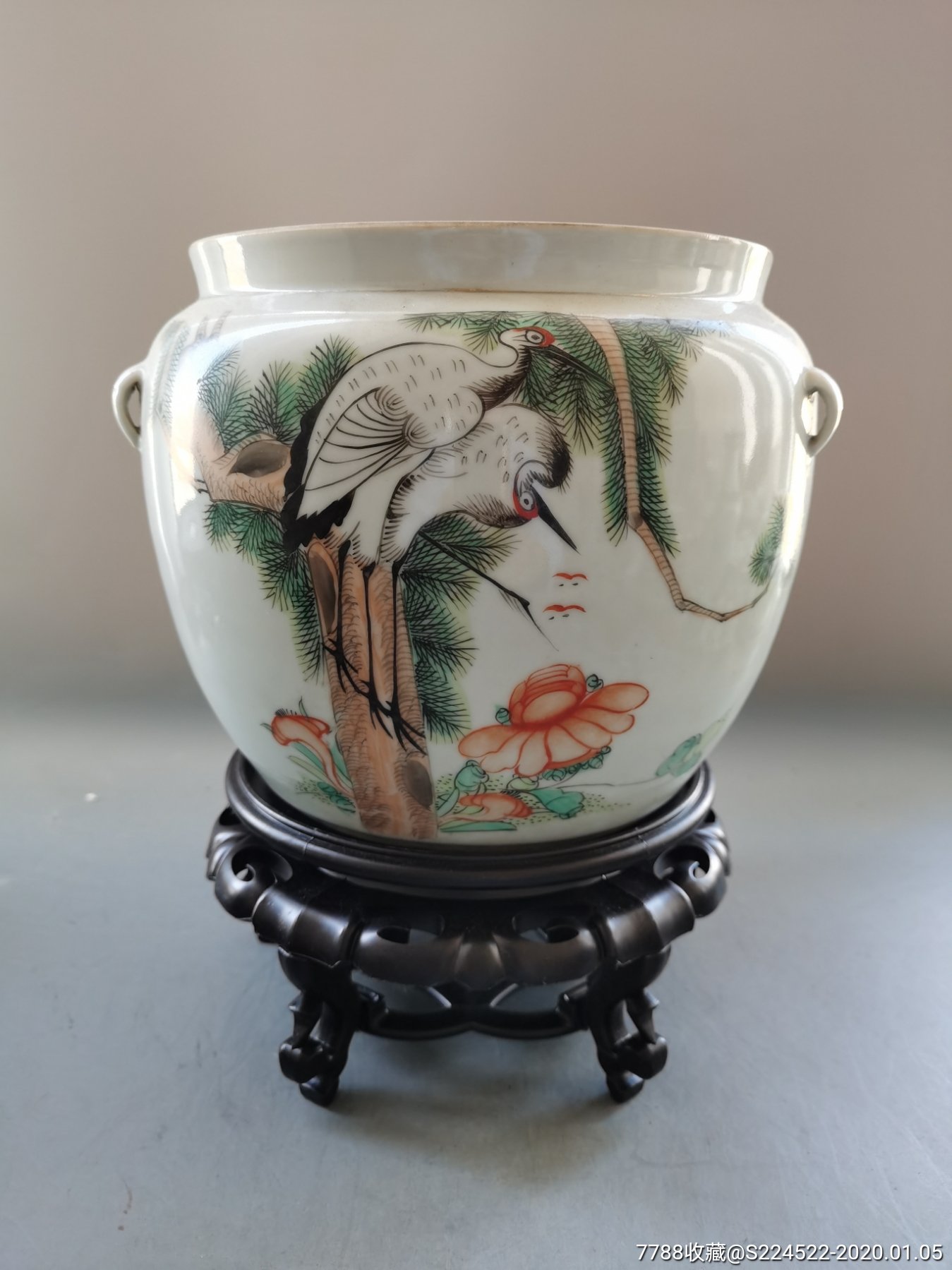 民国粉彩松鹤延年罐