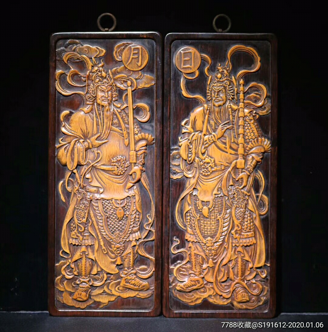 花梨木贴竹黄门神挂匾-木雕壁画/壁挂-7788木艺