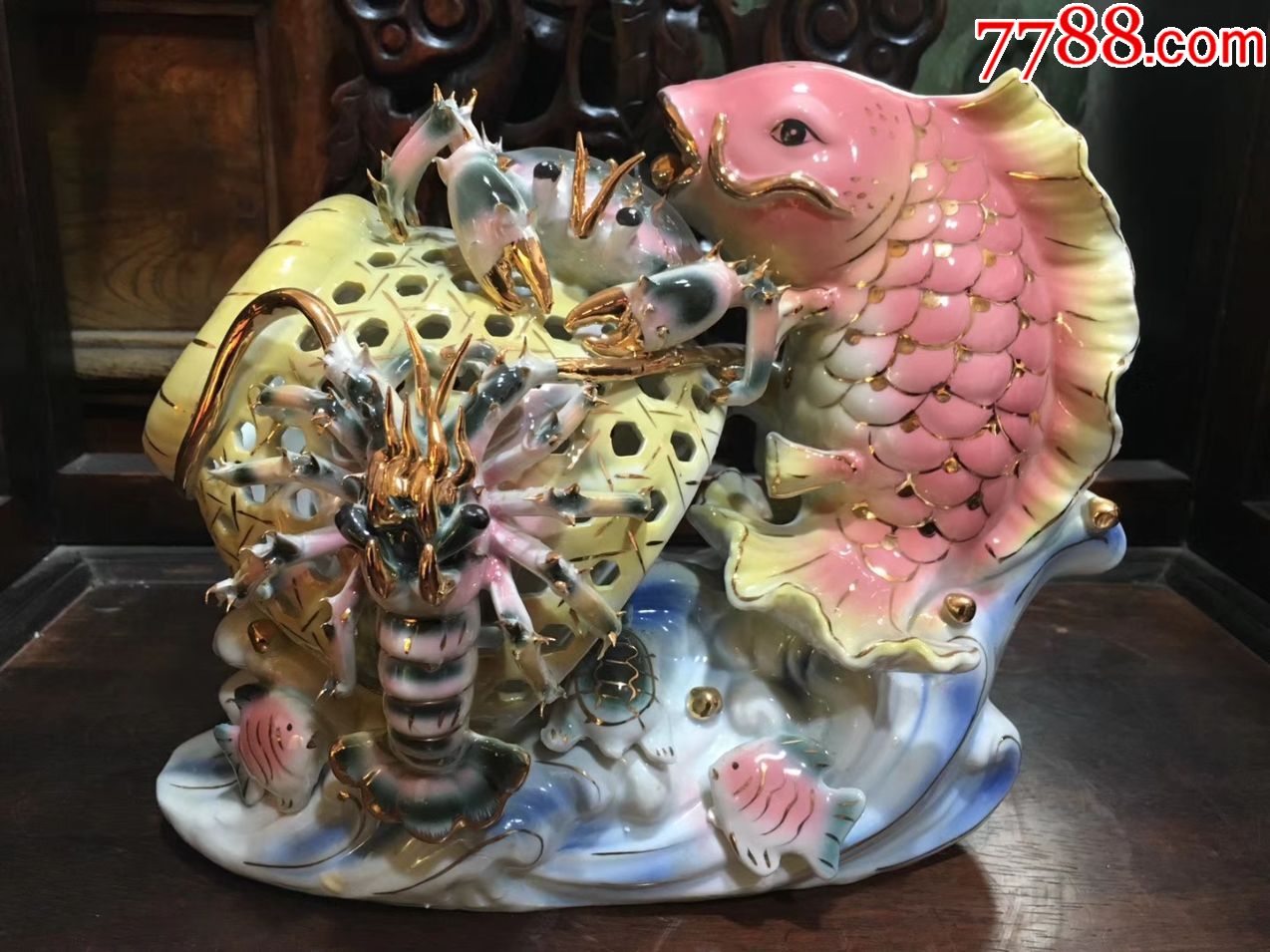 八十年代库存鲤鱼鱼篓丰收瓷塑摆件_雕塑瓷/瓷雕_藏富天下【7788收藏