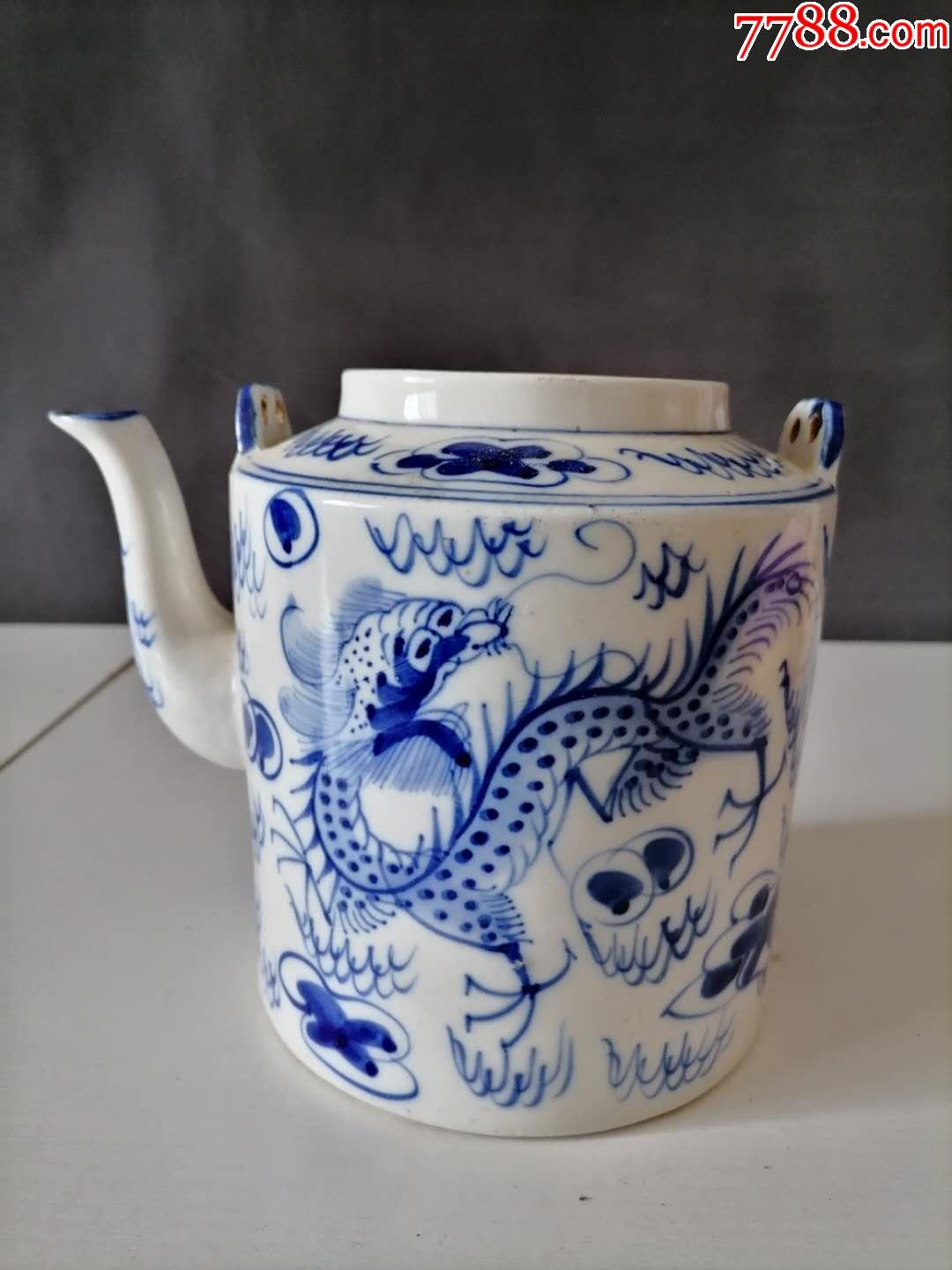 民国细路青花双龙戏珠直梁提茶壶_青花瓷_第1张_7788瓷器