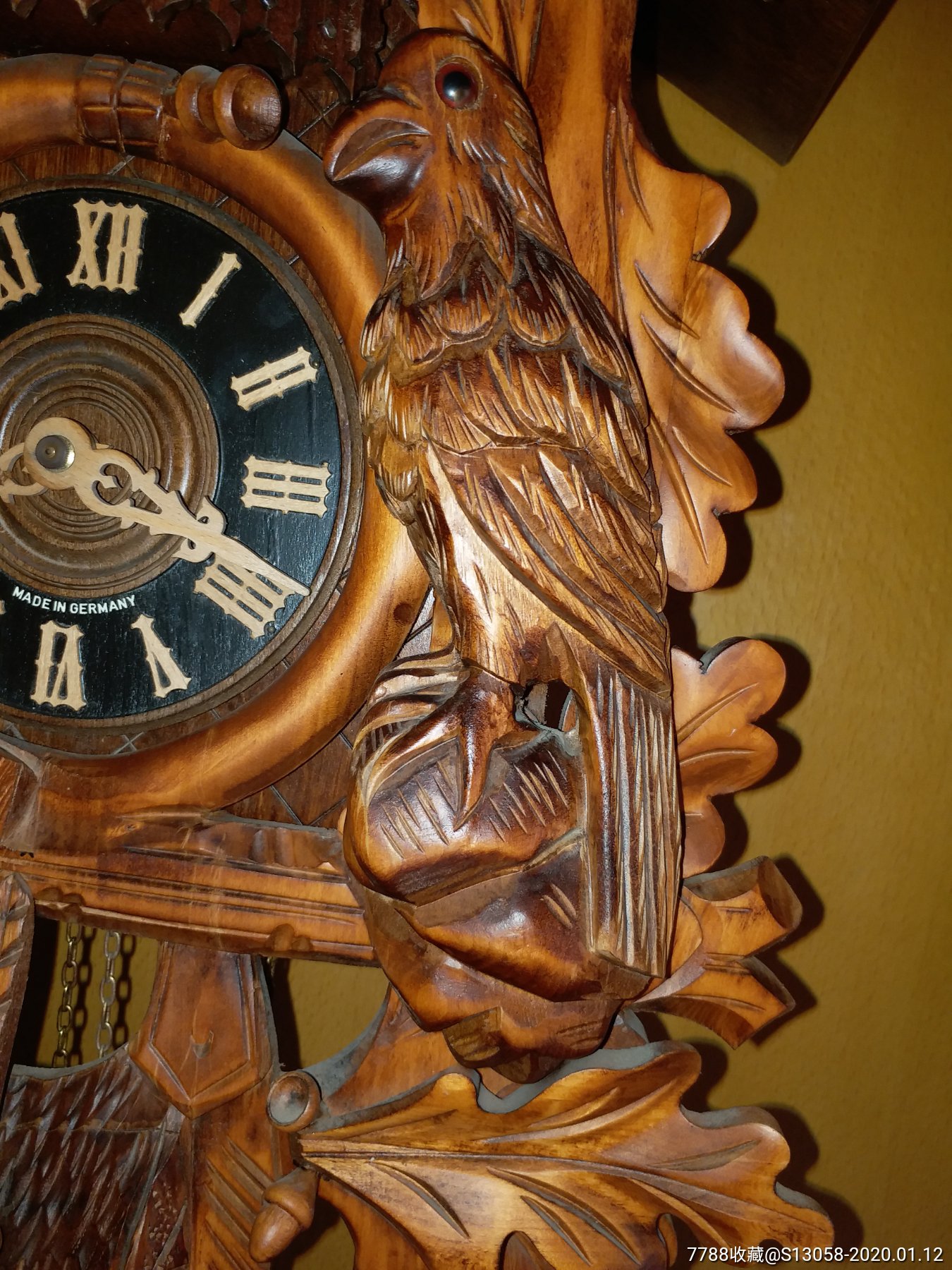 美品大型纯实木精雕客厅挂钟-德国黑森林羚羊8天3重锤音乐布谷鸟钟