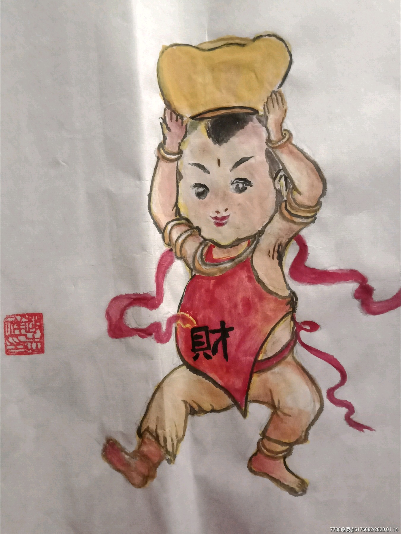 斗方人物国画一一善财童子