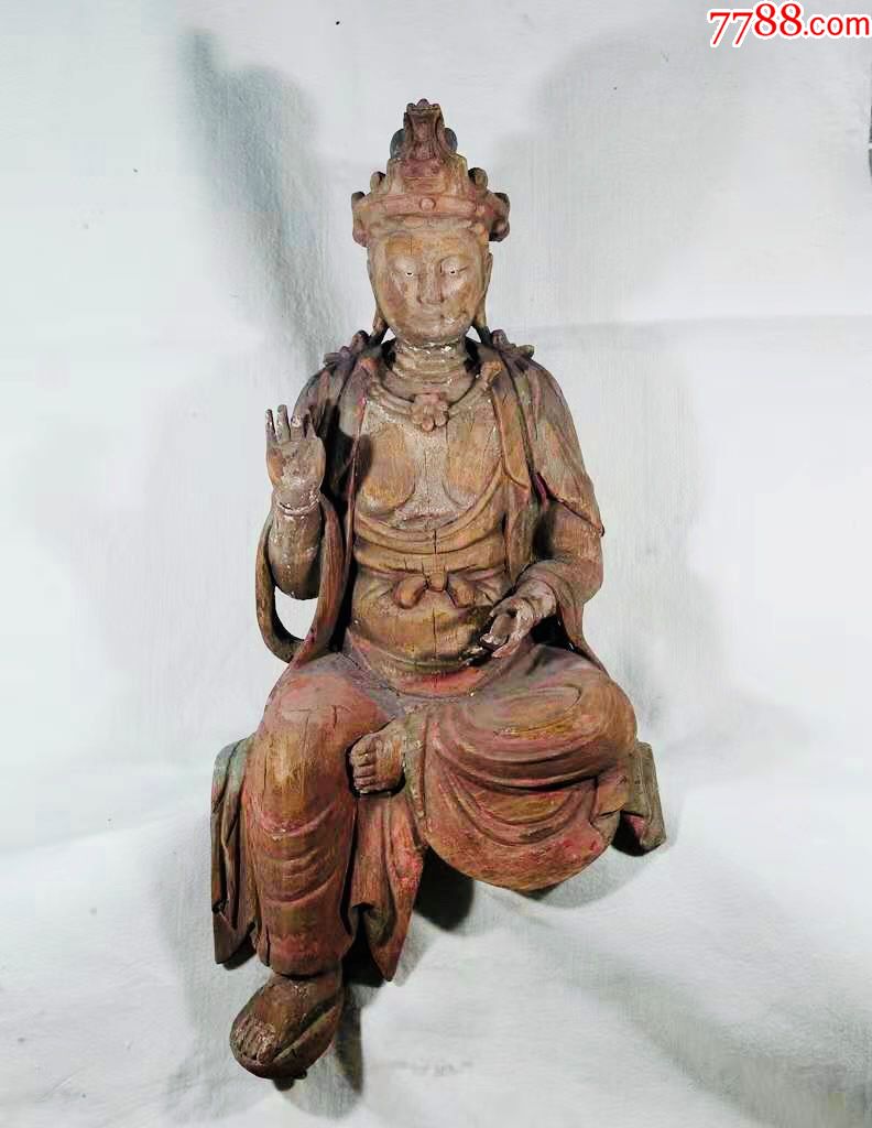 旧藏孤品老木雕彩绘佛挂坐像