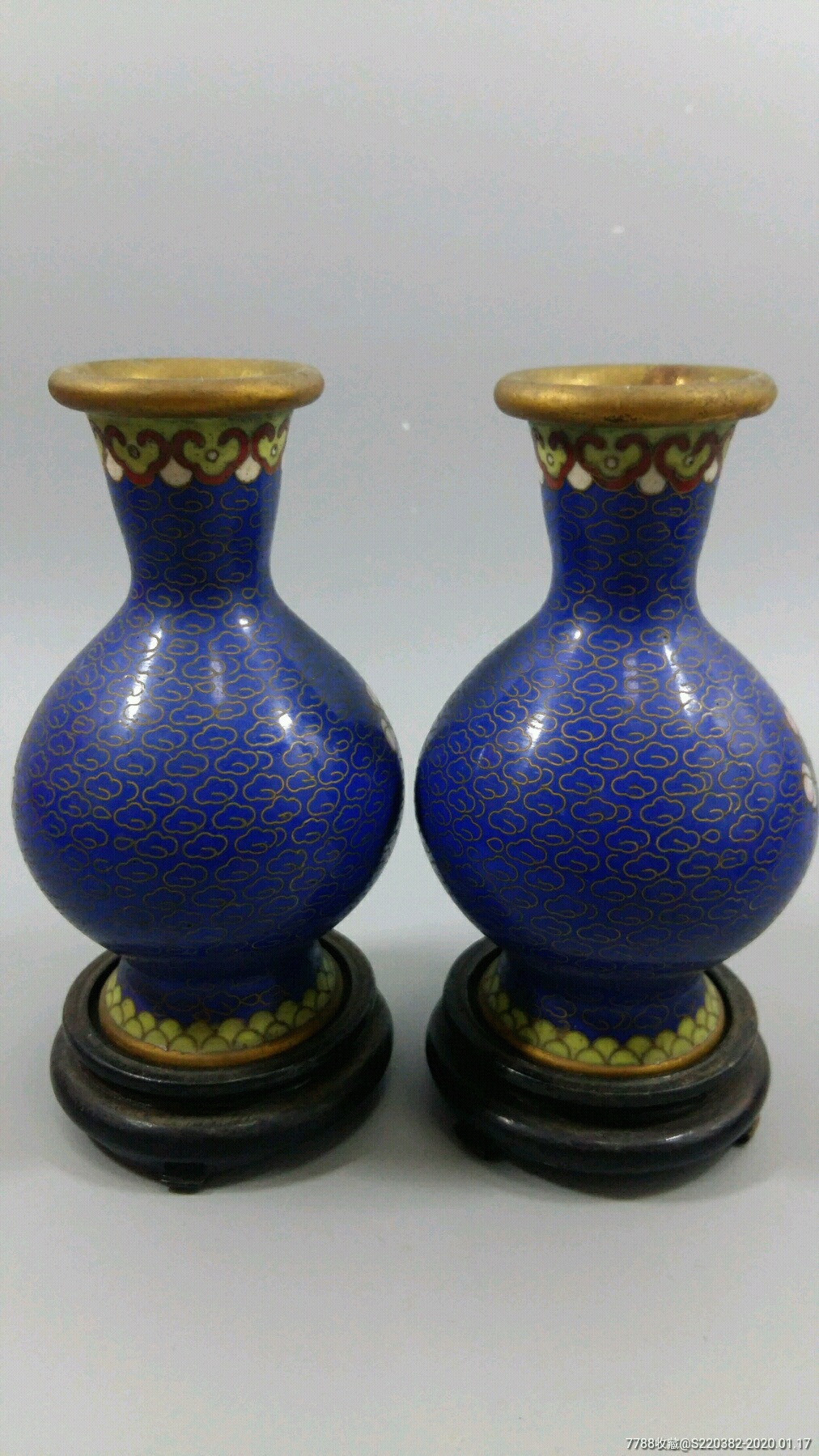 老景泰蓝掐丝珐琅小铜花瓶一对