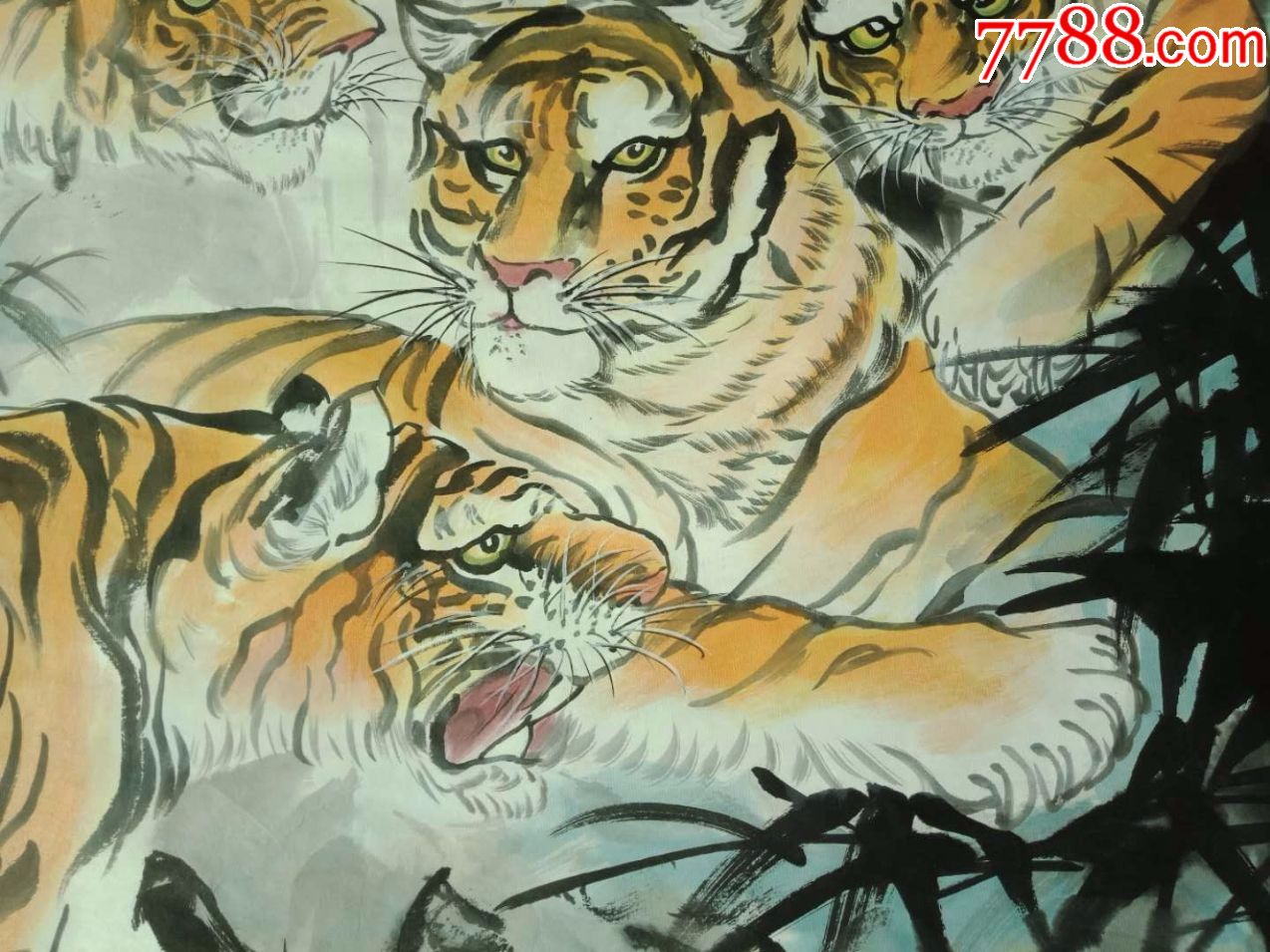 纯手绘画,大尺寸,动物画国画,猛兽图,五只老虎,五福临门图