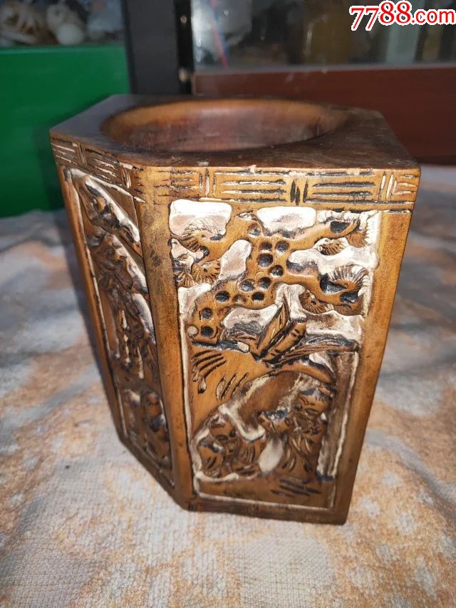 150清代老黄杨木六面开光笔筒一个尺寸1359公分漂亮