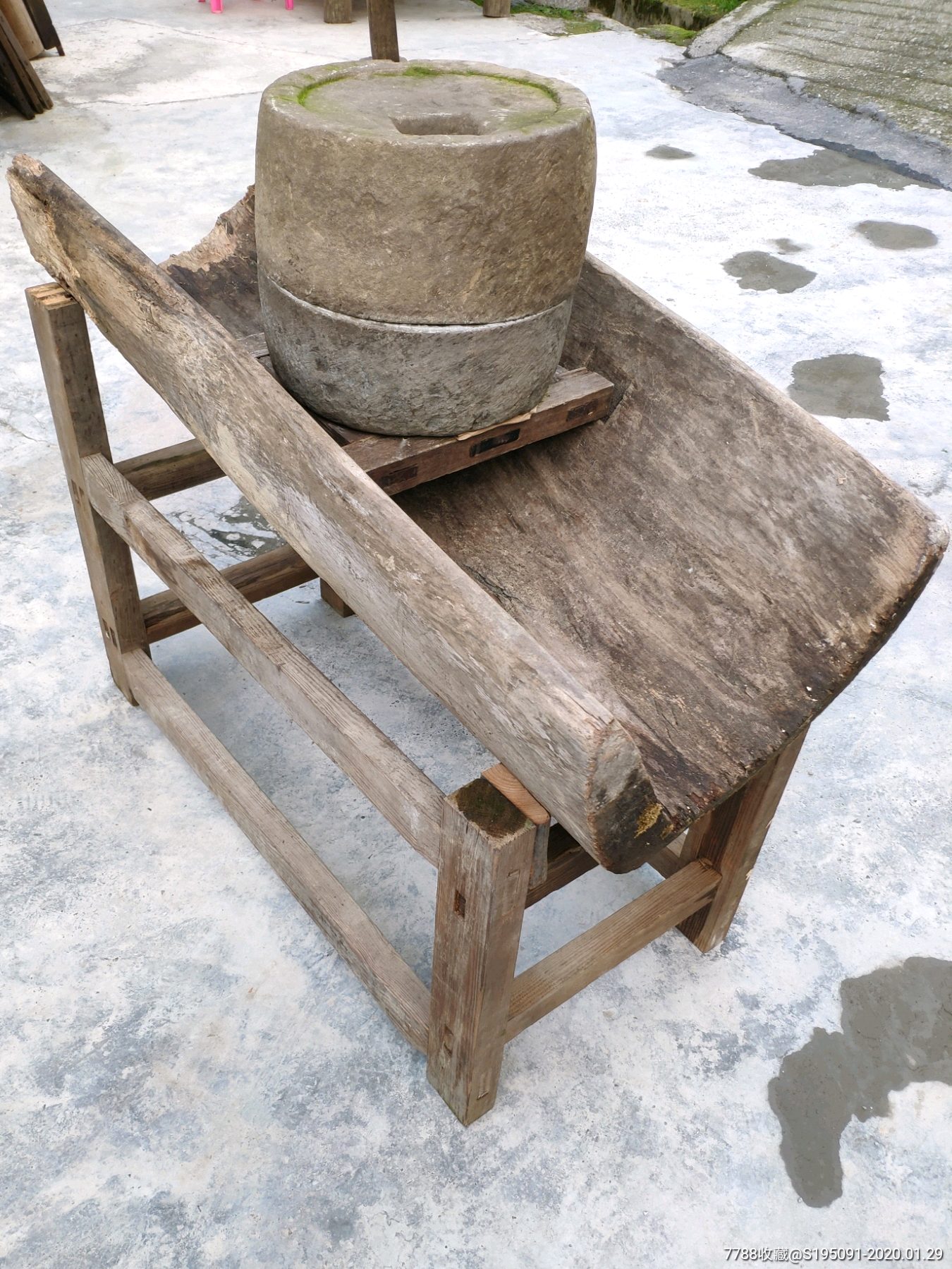 少见百年木槽老石磨手推磨一套