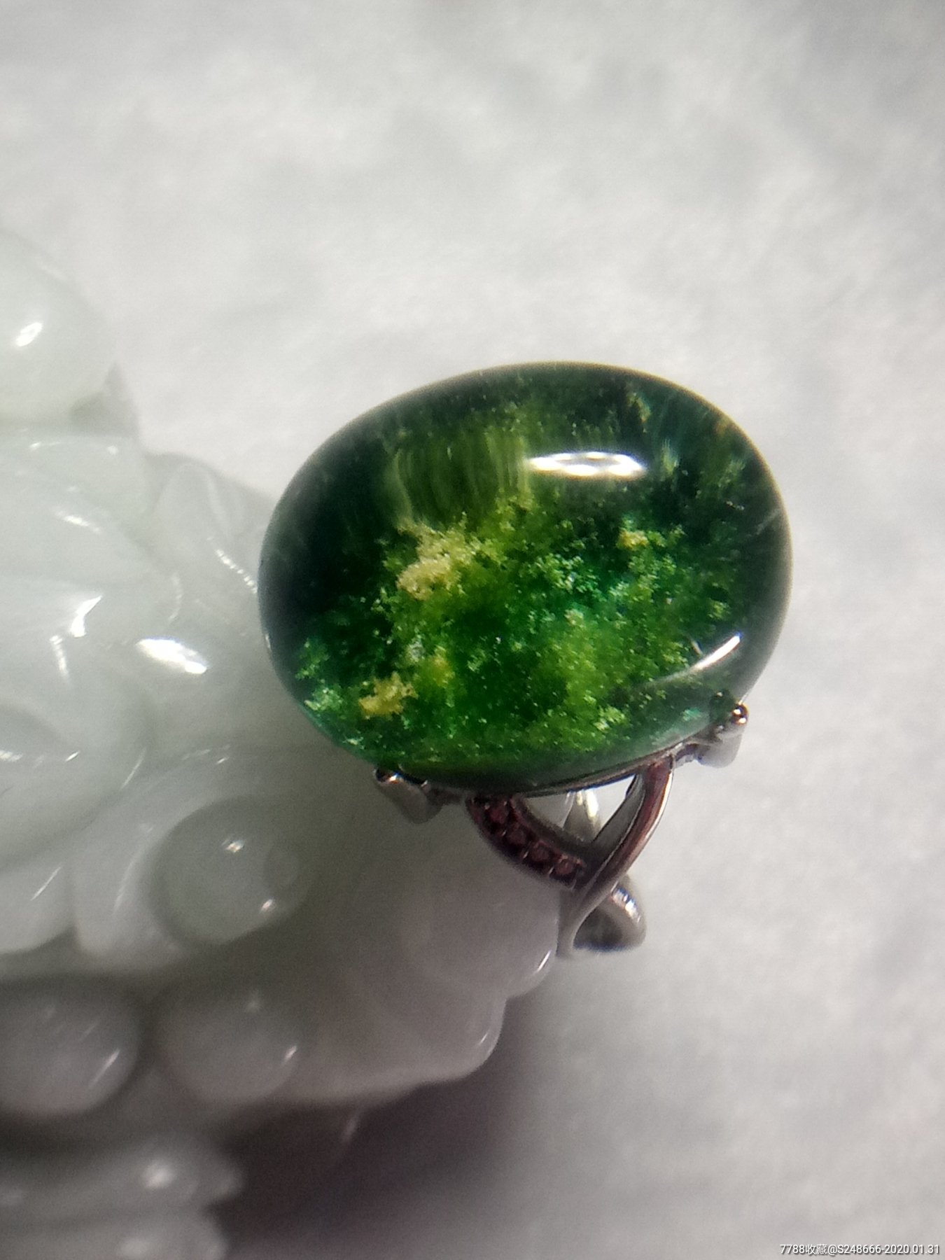 天然绿幽灵水晶绿森林s925银托戒指