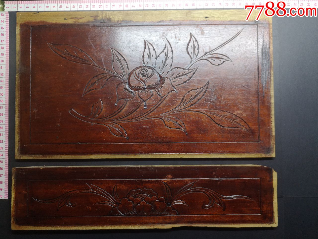 民国楠木大漆线雕木雕花草花板2个一套md803