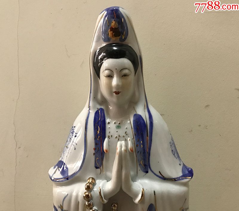 八十年代厂货青花手绘描金双手合十坐莲观音菩萨像摆件镇宅保平安