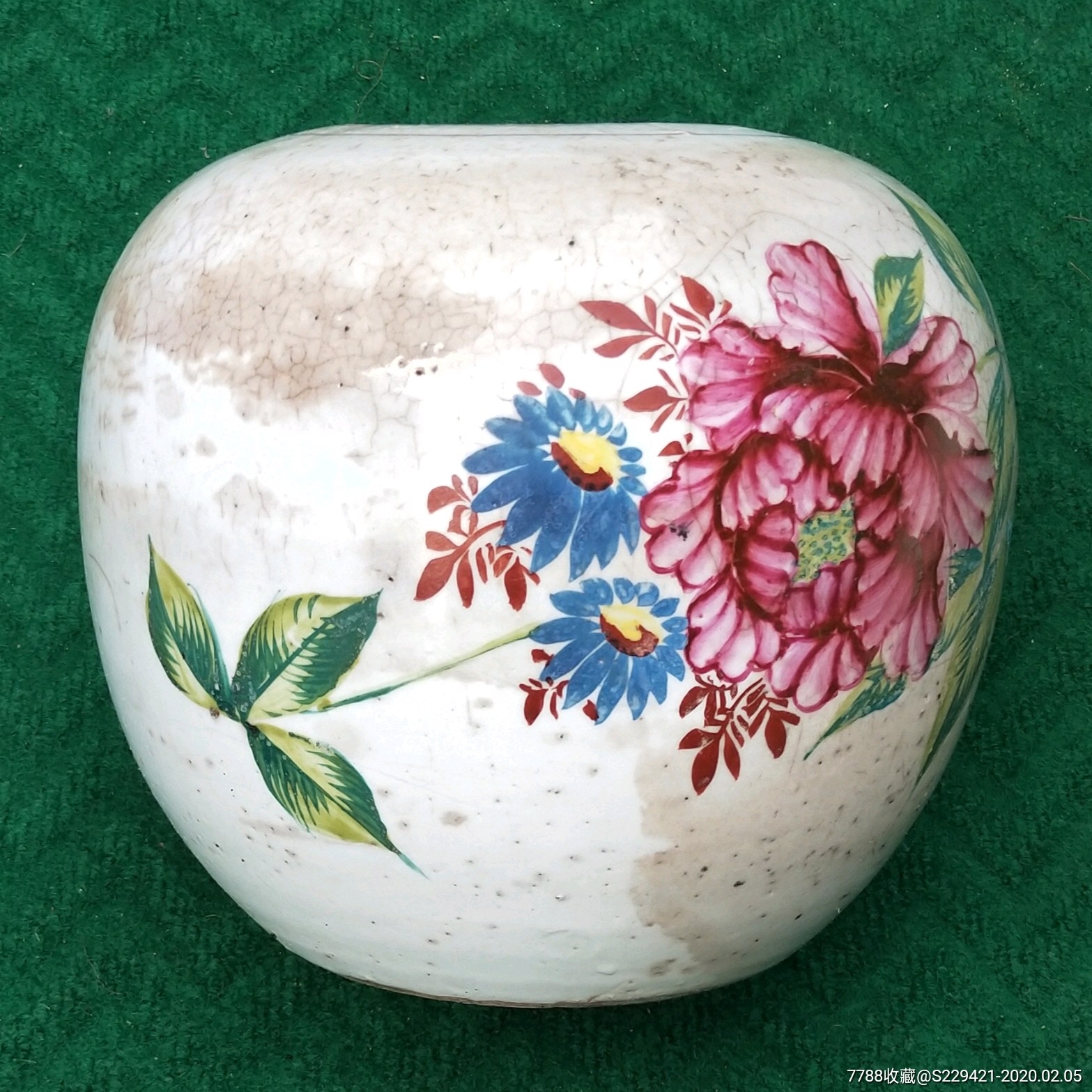 民国粉彩瓷罐手绘花纹陶瓷西瓜坛子摆件-价格:120元-se70952075-彩绘
