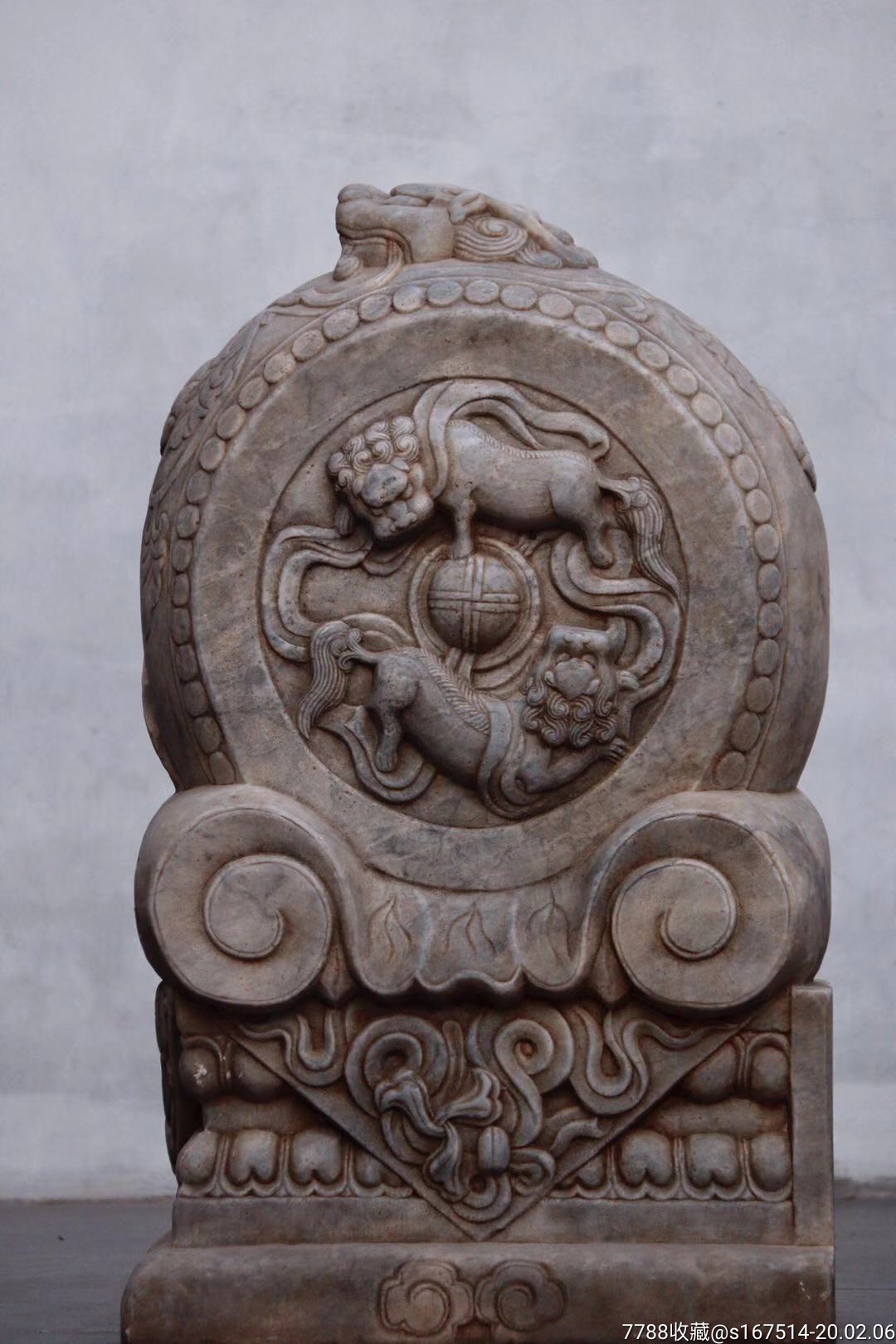 清代抱鼓石:门墩青白石:尺寸:高80//宽48厚30须弥座抱鼓鼓上