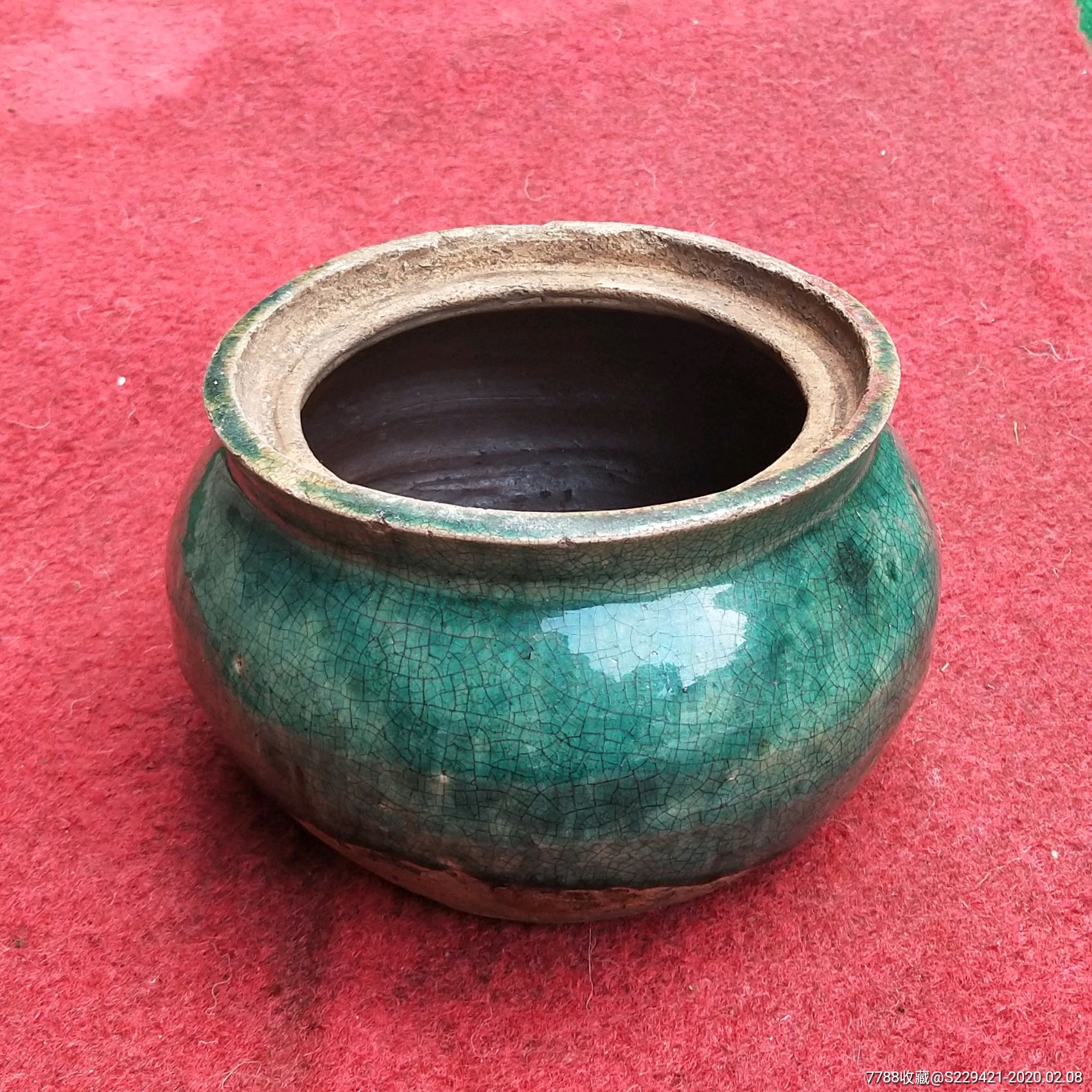 民国铜官窑绿釉陶罐手工陶花砵摆件